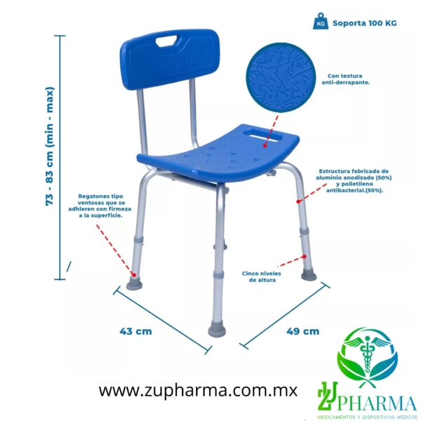 Silla de Ducha Aluminio con Respaldo Azul - Imagen 3