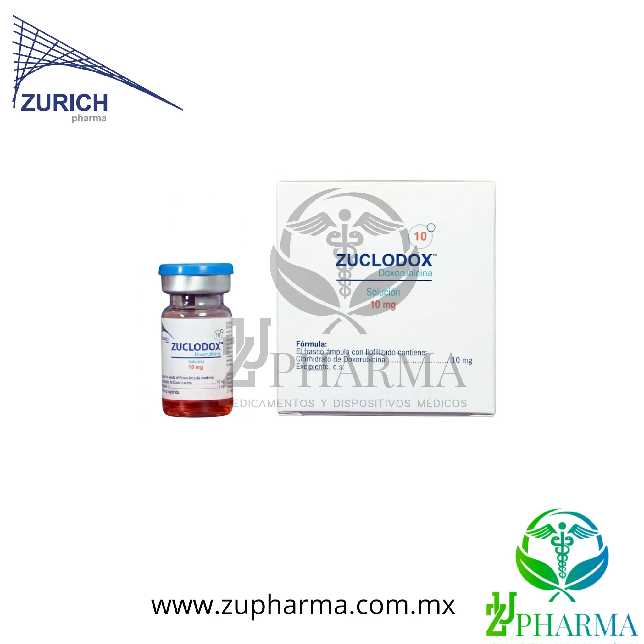 Zuclodox Doxorubicina 10 mg Caja con Frasco Ámpula