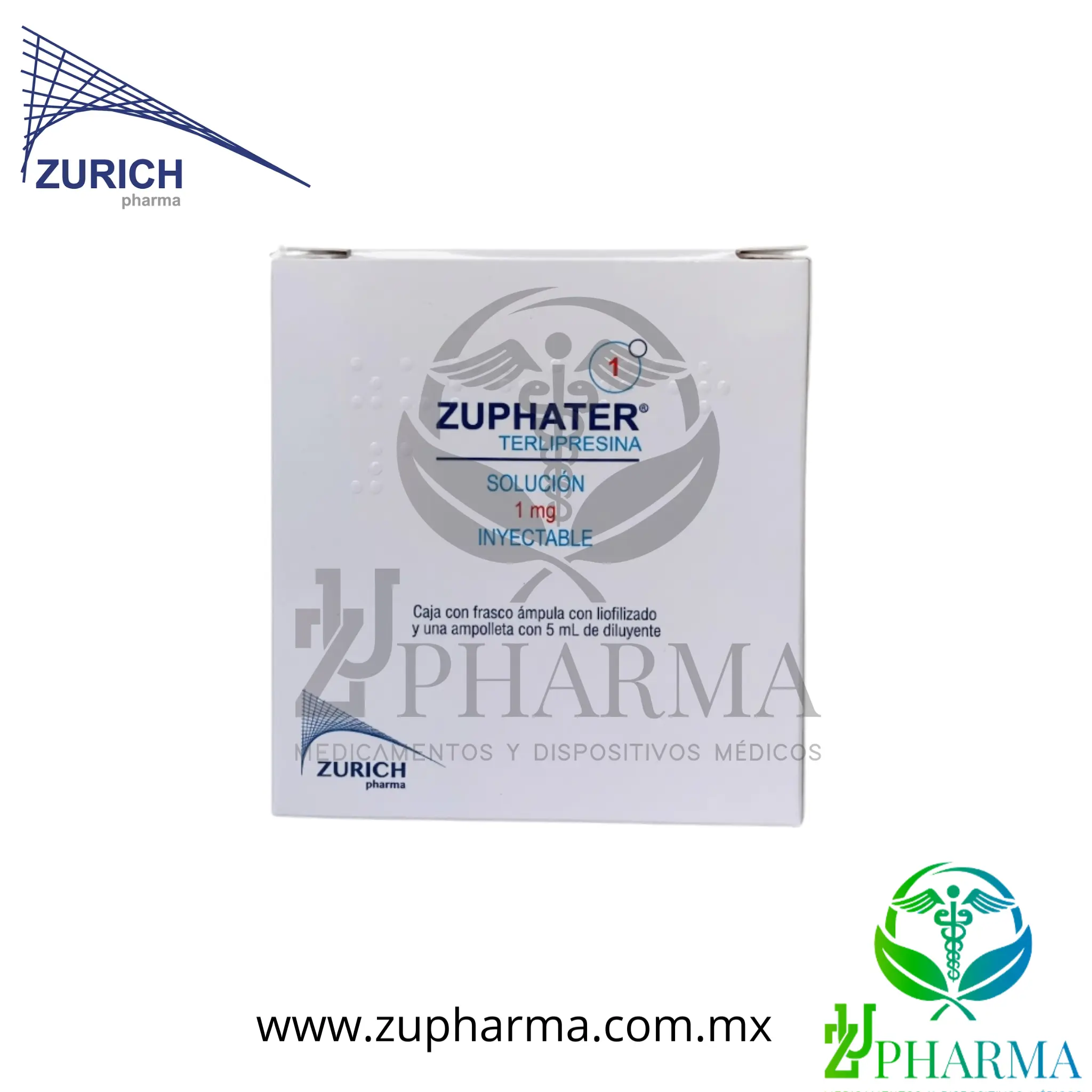 Zuphater Terlipresina 1 mg Caja con Frasco Ámpula y Diluyente