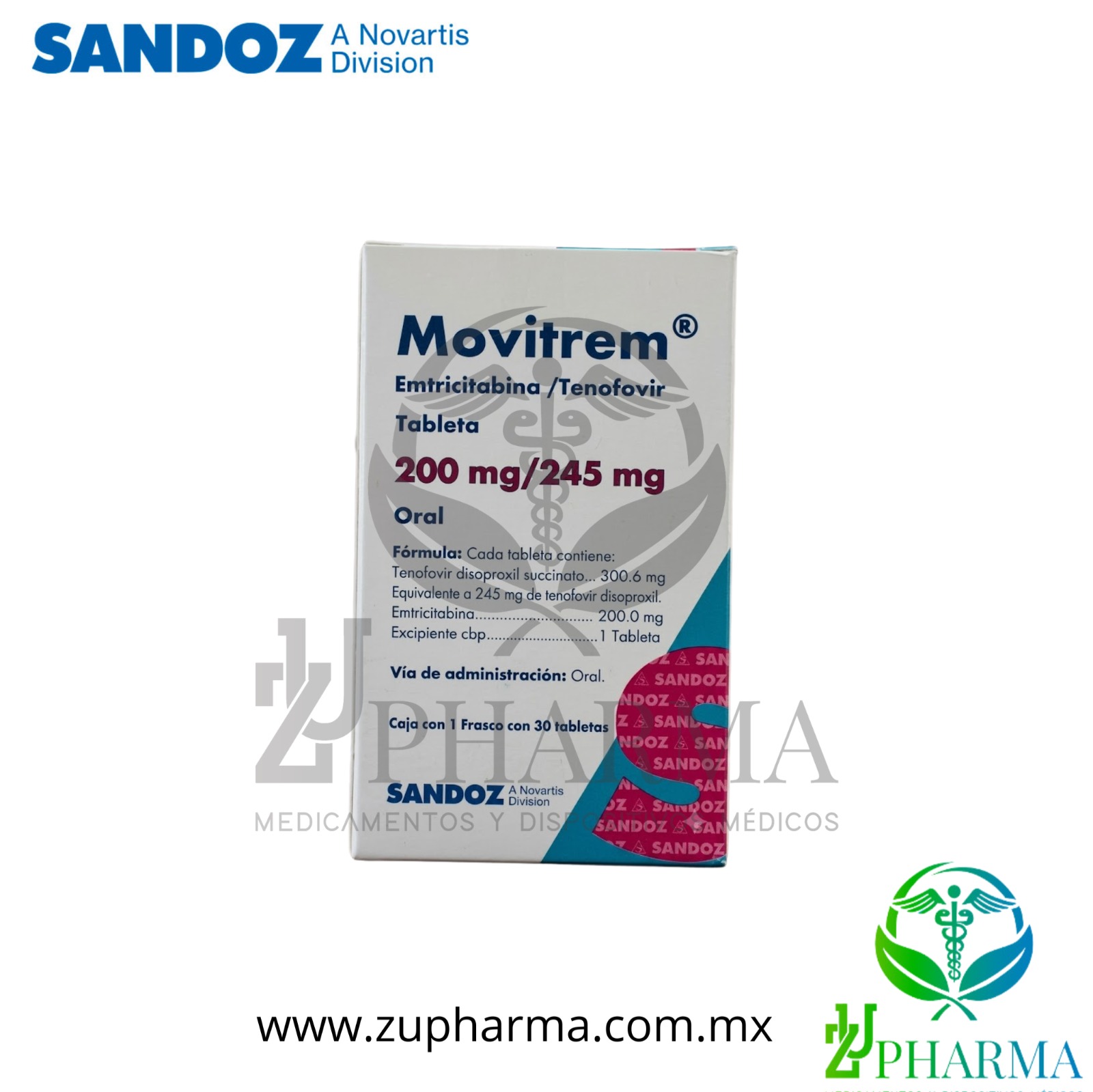 Movitrem Emtricitabina / Tenofovir 200 mg / 245 mg Tabletas - Frasco con 30 - Sandoz