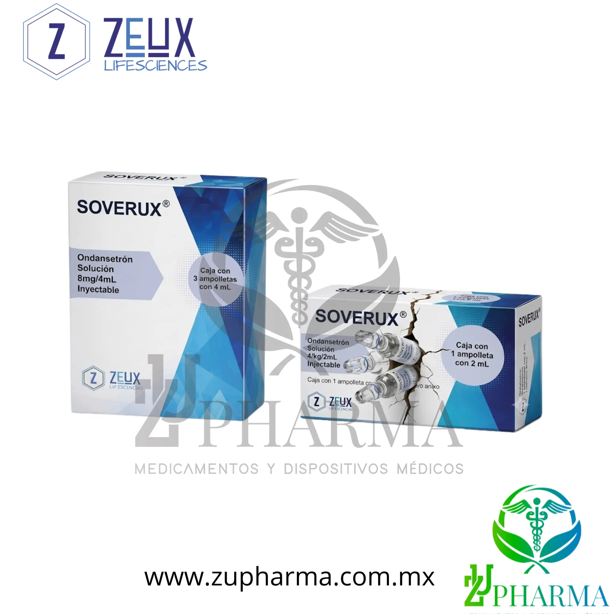 SOVERUX® Ondansetrón Solución Inyectable 8 mg/4 mL Caja con 3 Ampolletas
