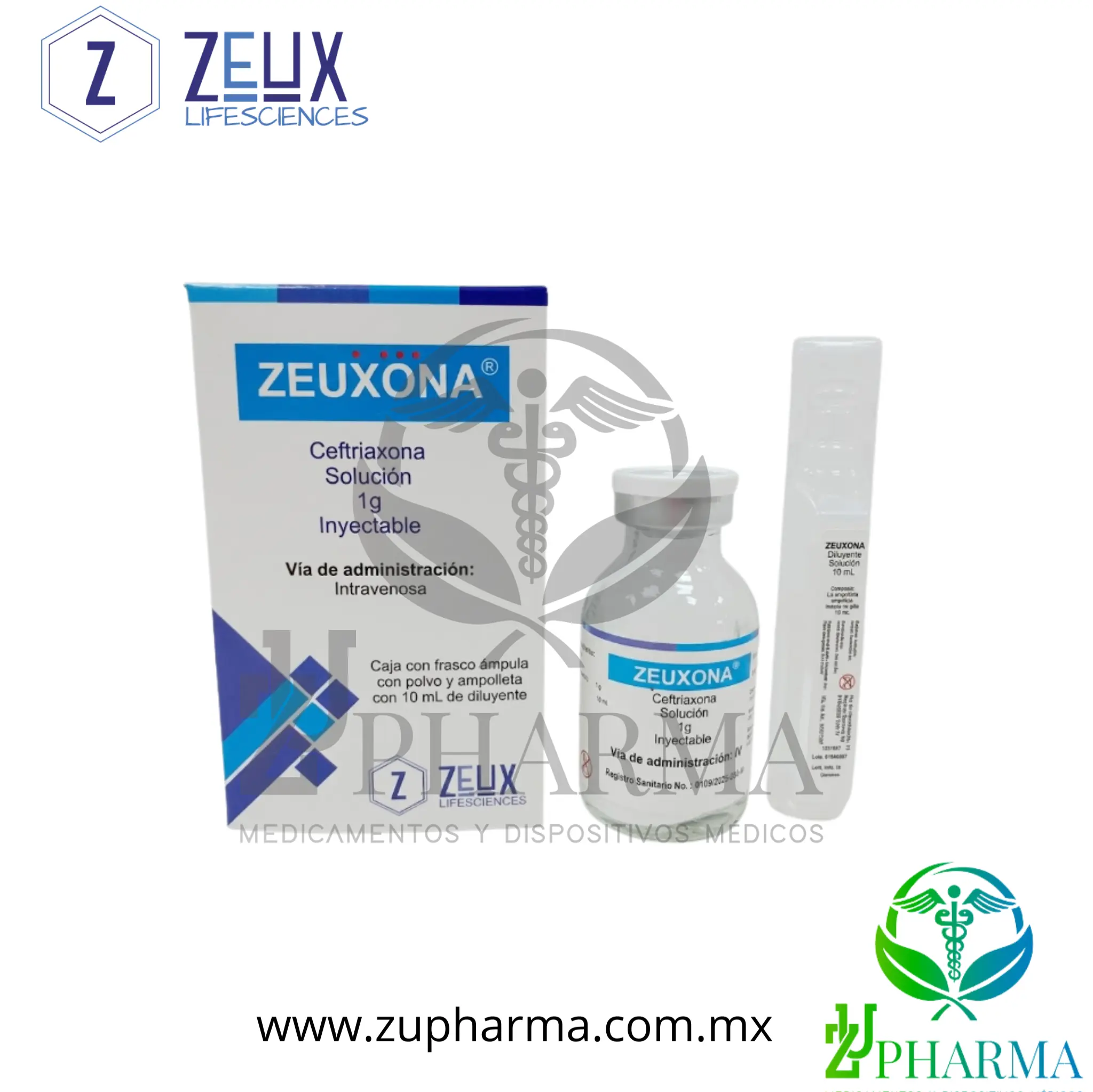 Zeuxona Ceftriaxona 1 g Solución Inyectable IV Caja con Frasco Ámpula y Diluyente - Zeux Lifesciences