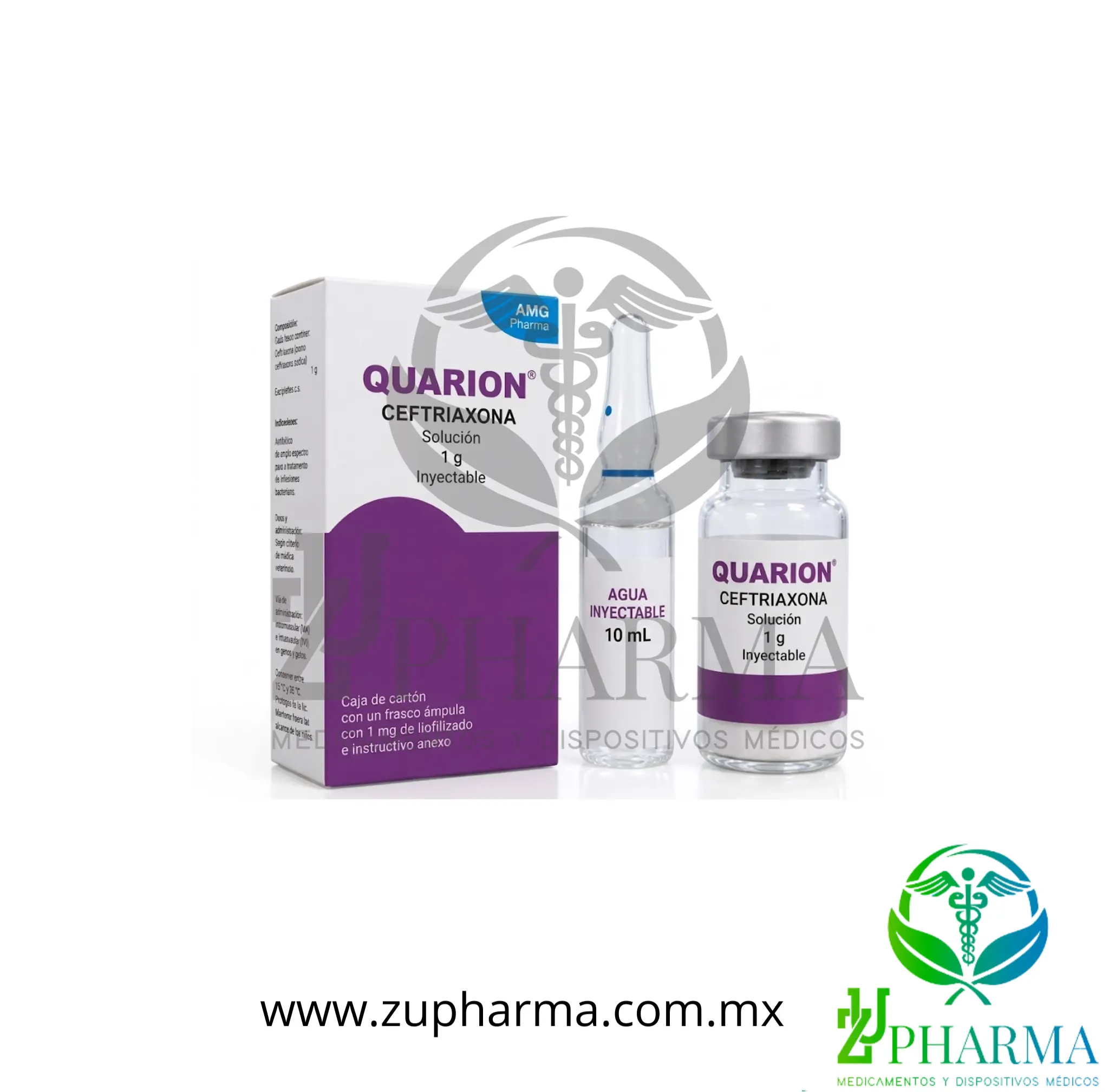 QUARION Ceftriaxona 1 g Solución Inyectable - Frasco Ámpula y Diluyente - AMG Pharma
