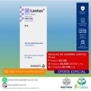 Lantus (Insulina glargina) 100 U/mL Solución Inyectable Frasco Ámpula 10 mL - Sanofi