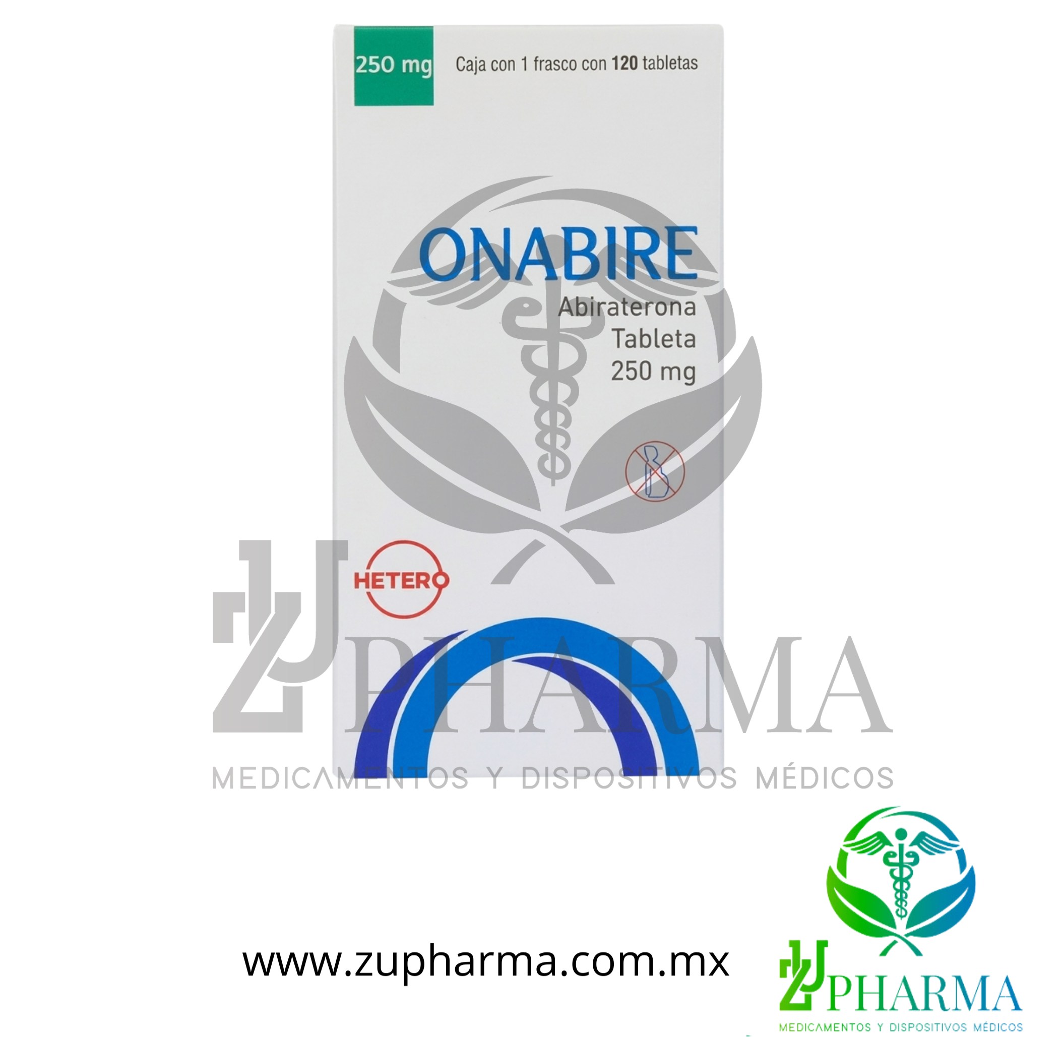 Onabire (Abiraterona) 250 mg Caja con Frasco con 120 Tabletas - Hetero