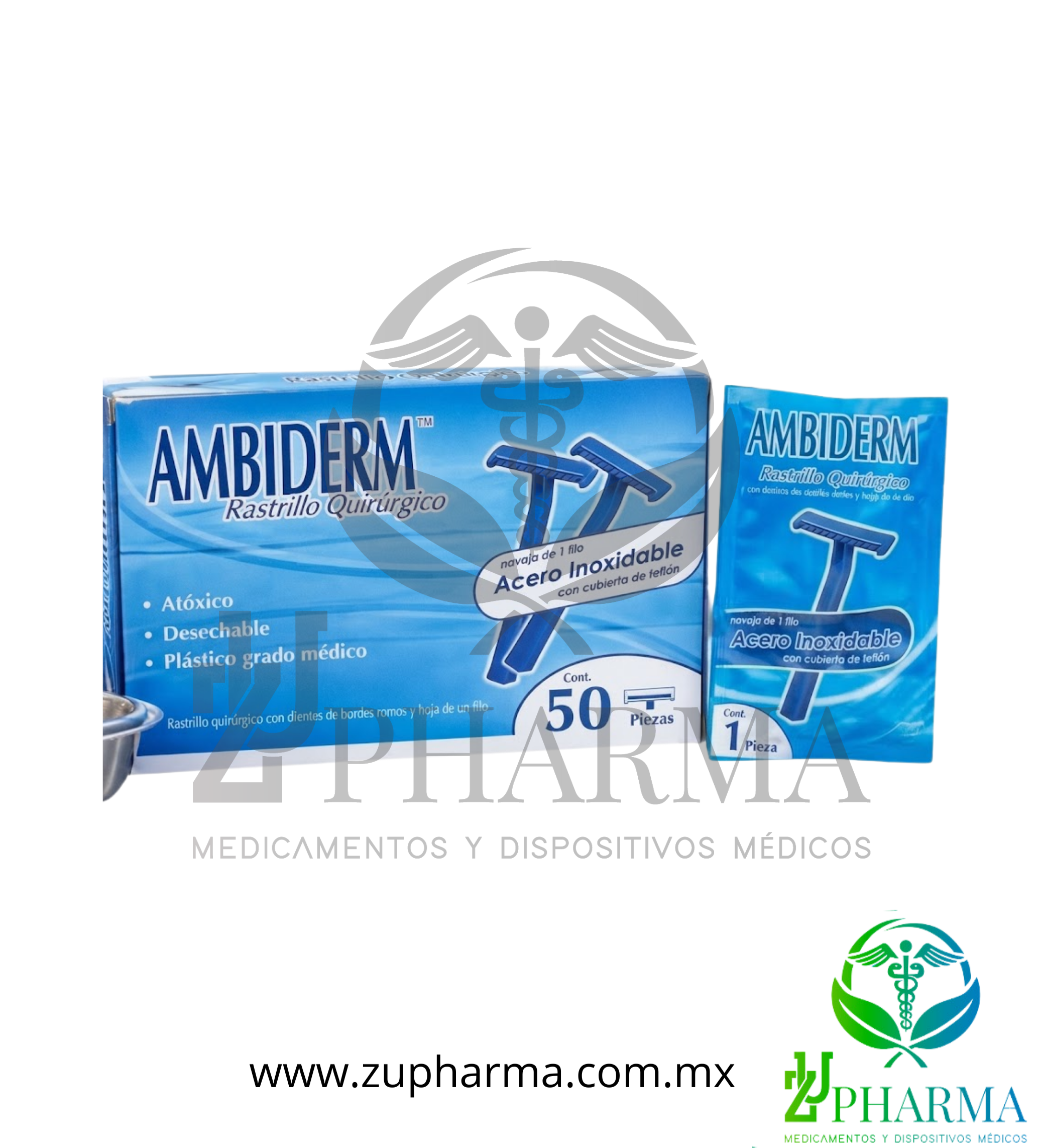 Rastrillo Quirúrgico Ambiderm® de Acero Inoxidable con Teflón – Caja con 50 Piezas