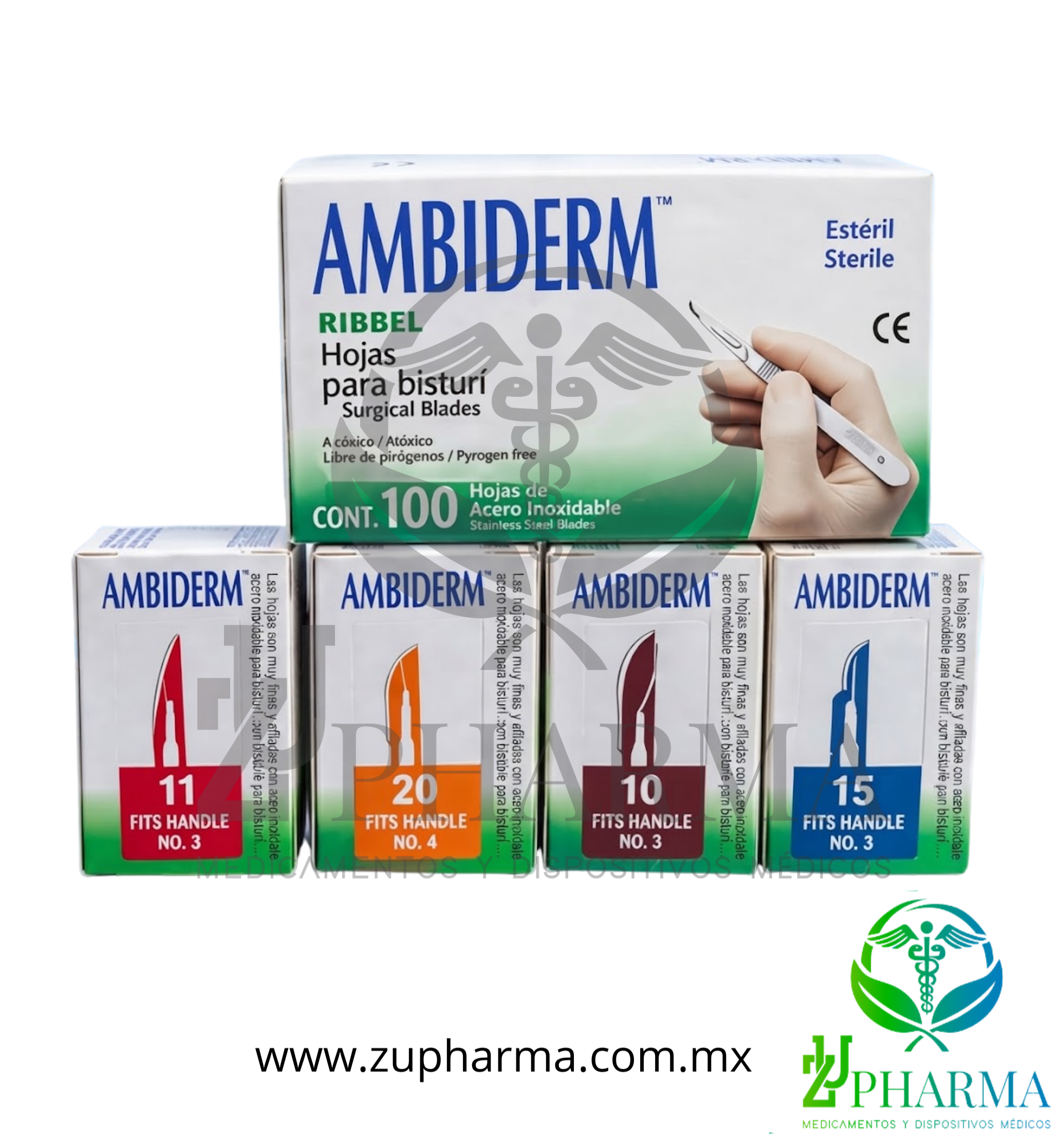 Hojas para Bisturí de Acero Inoxidable Ambiderm® Ribbel – Caja con 100 Piezas (Medidas #10, #11, #15, #20)
