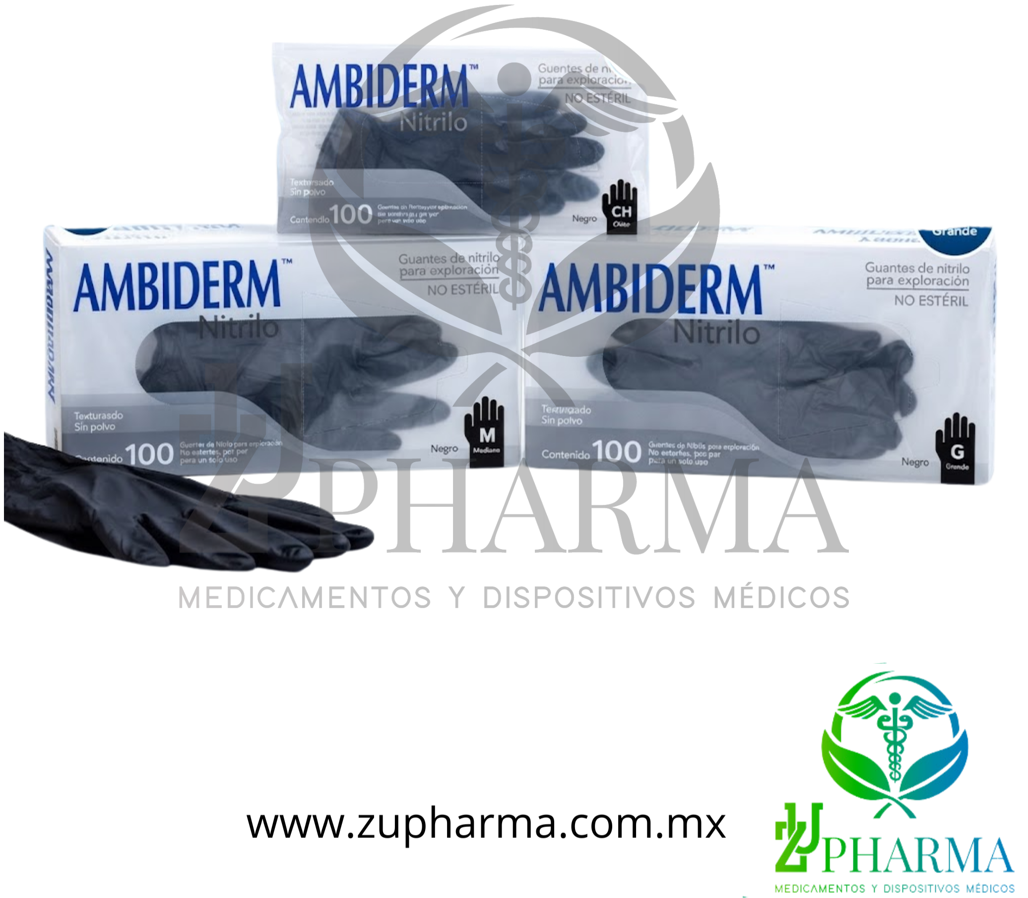 Guantes de Nitrilo Negros para Exploración Ambiderm® – Sin Polvo / Libre de Látex – Tallas Chico, Mediano y Grande (Caja con 100 Piezas)