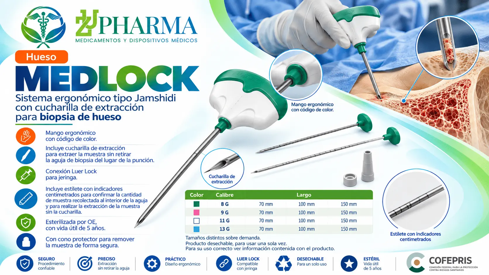 MEDLOCK Aguja Ergonómica Tipo Jamshidi para Biopsia de Hueso con Cucharilla - MEDAX